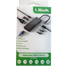 ADAPTADOR MULTIPUERTOS ULINK USB TIPO C 8 EN 1 -  HDMI*1, USB2.0*1, USB3.0*2, PD*1 ,SD*1, TF*1, LAN10/100*1, ALUMINIO P/N UL-ADC