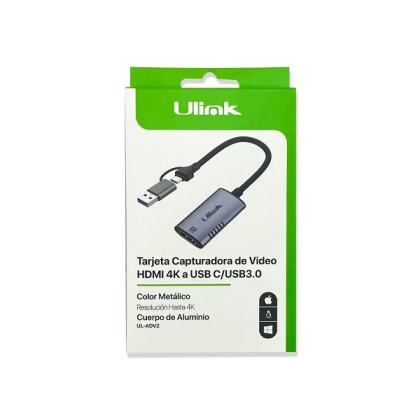 CAPTURADORA DE VIDEO ULINK DE HDMI 4K HACIA USB 3.0/USB C ALUMINIO P/N UL-ADV2